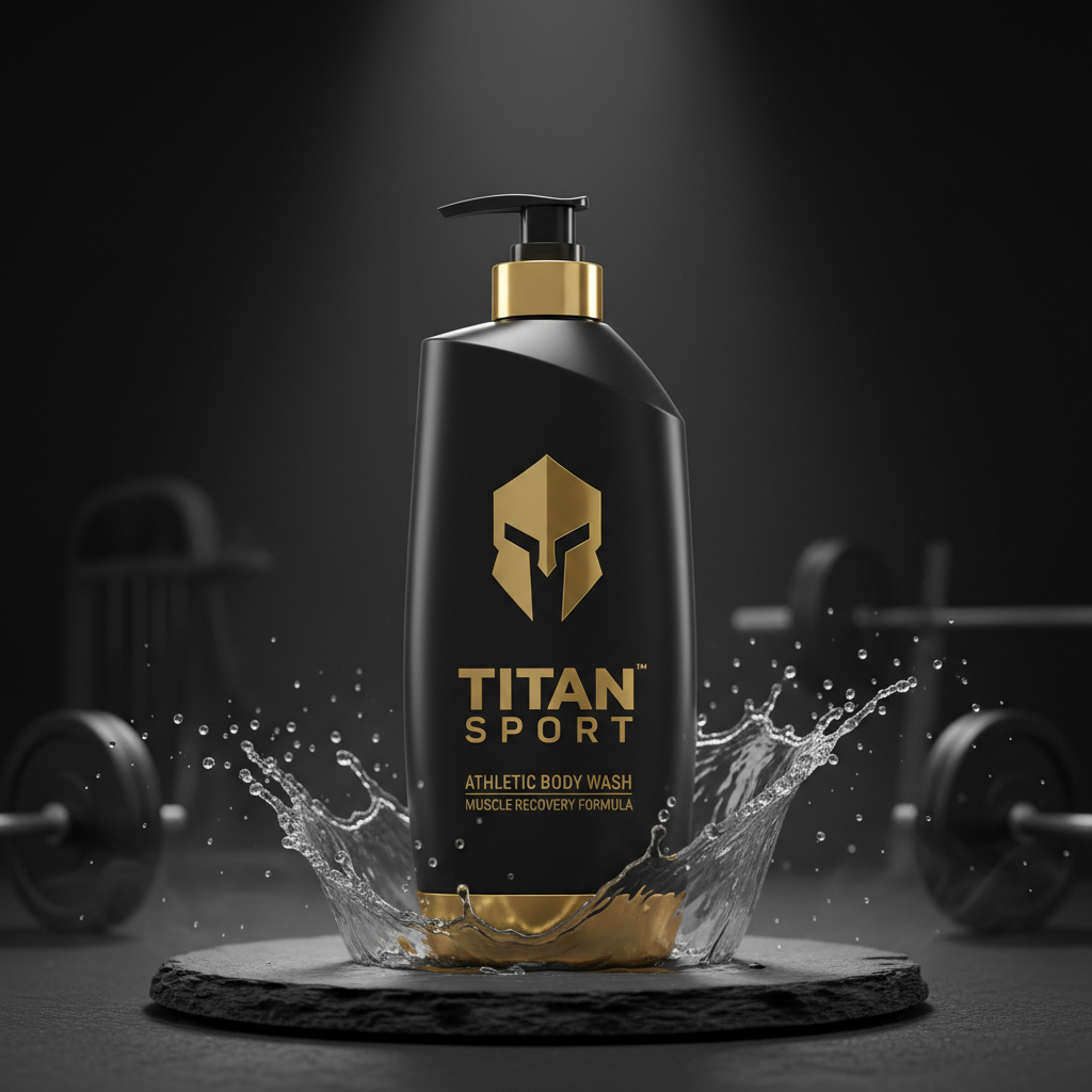 Black and gold TITAN Sport body wash bottle with spartan logo, surrounded by water splash on a slate pedestal.