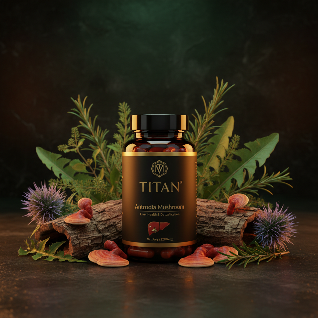 TITAN Antrodia Mushroom bottle with black label, liver icon, surrounded by mushrooms, bark, and herbs on dark ground.
