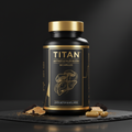 TITAN Antrodia Mushroom supplement bottle in black and gold with a liver and mushroom graphic on a slate surface.