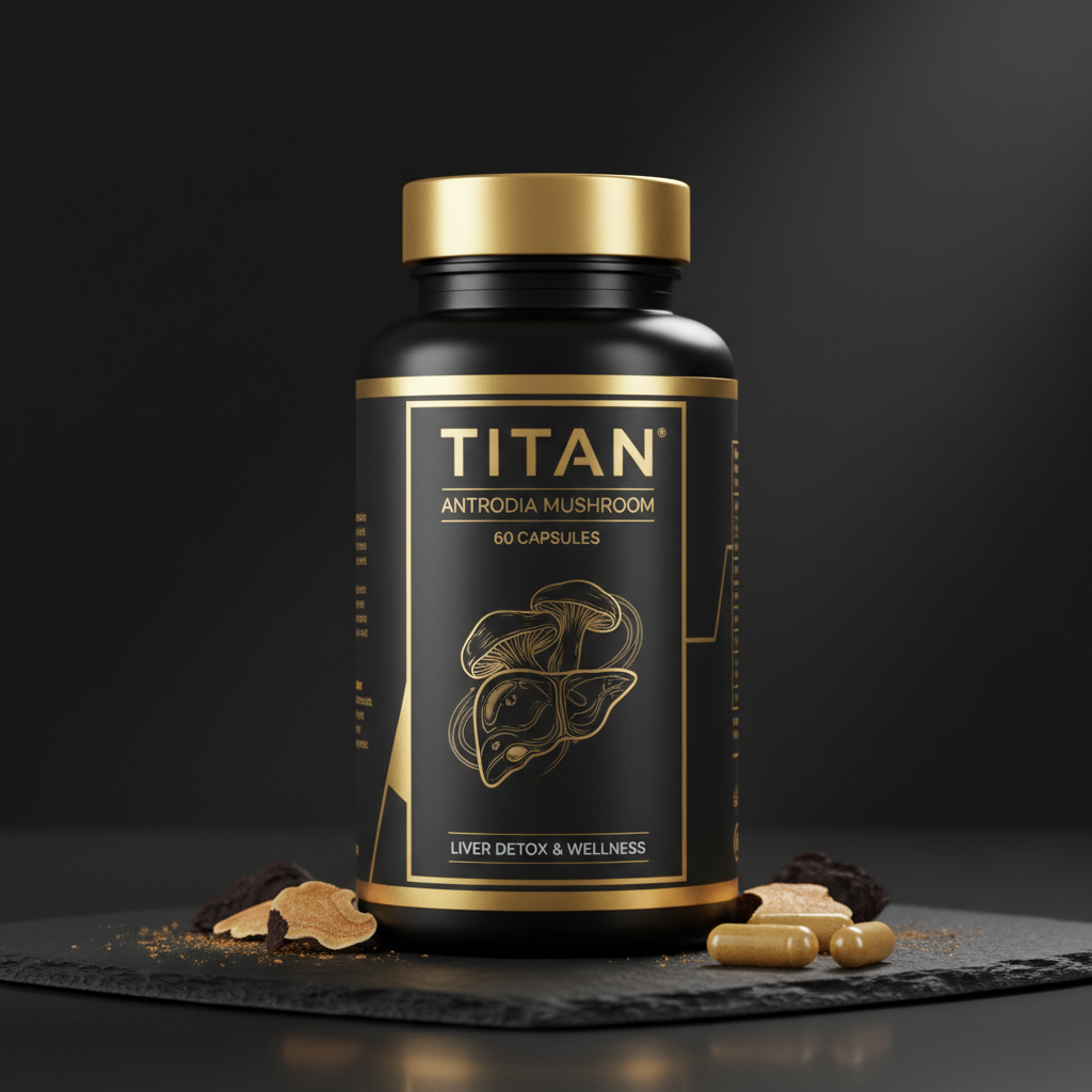 TITAN Antrodia Mushroom supplement bottle in black and gold with a liver and mushroom graphic on a slate surface.