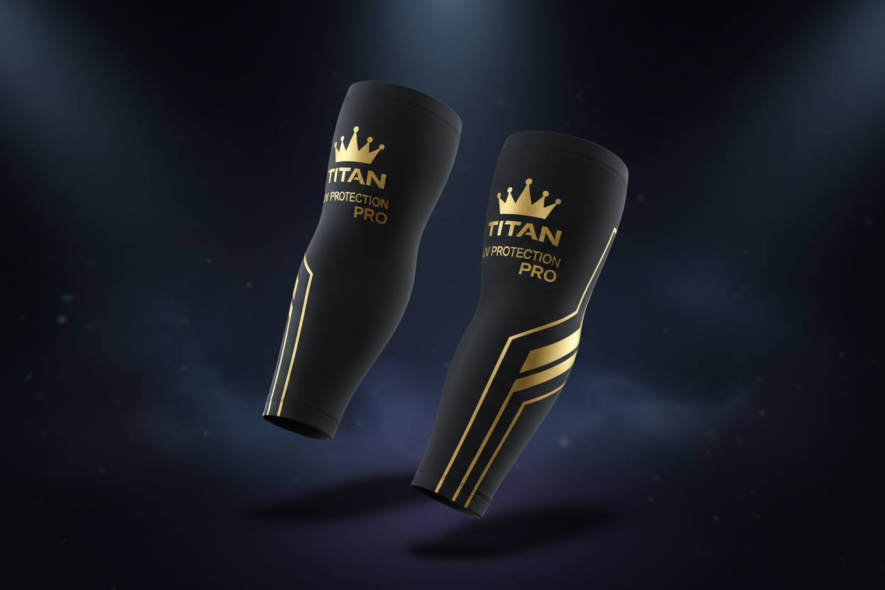 Black TITAN UV Protection Pro arm sleeves with gold crown logo and graphic stripes against a dark spotlight background.