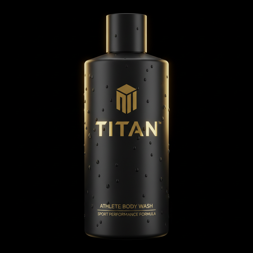 Matte black TITAN athlete body wash bottle with gold branding and water droplets against a black background.