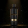 Matte black TITAN Athlete Conditioner bottle with gold logo and text, displayed on a reflective surface with gold dust.