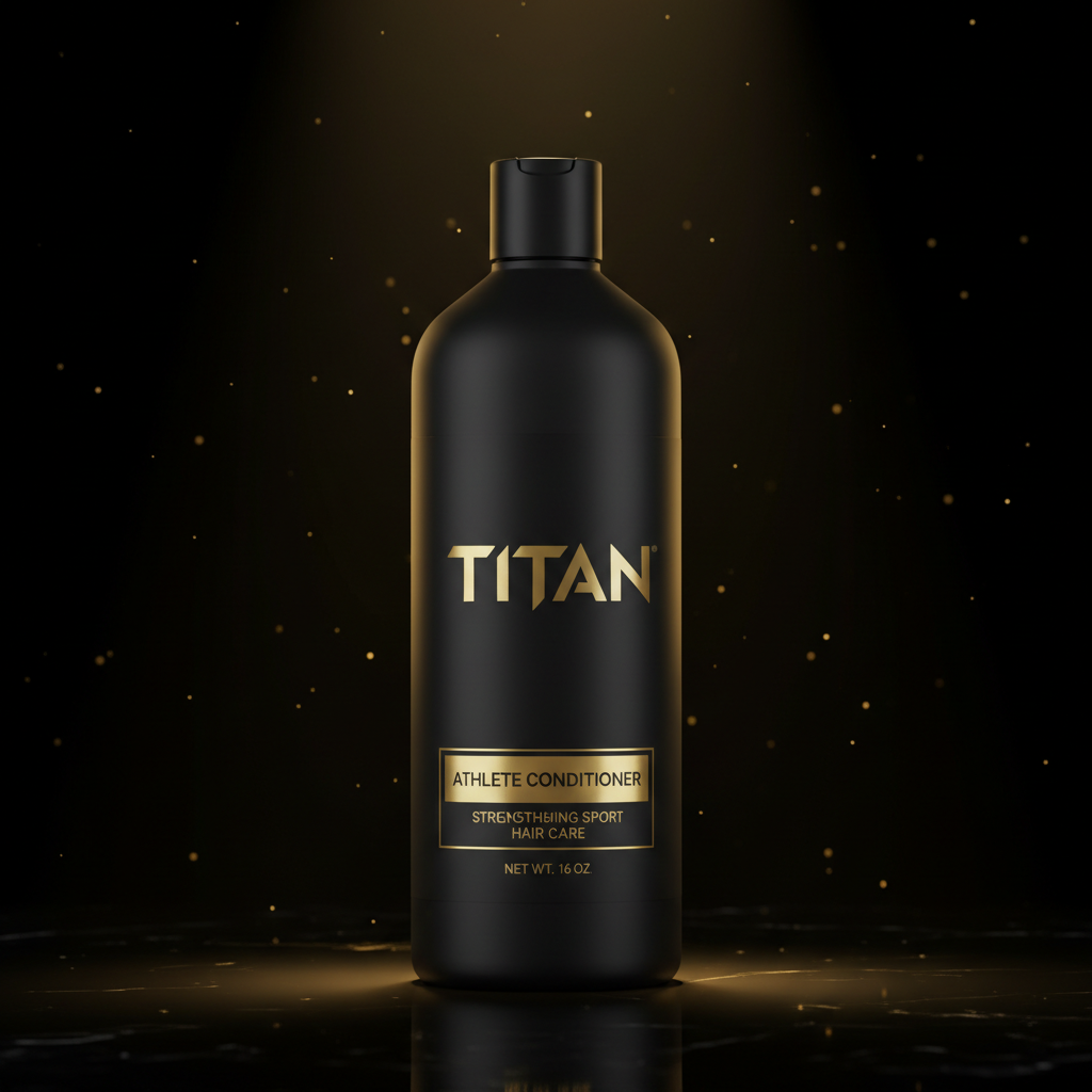 Matte black TITAN Athlete Conditioner bottle with gold logo and text, displayed on a reflective surface with gold dust.