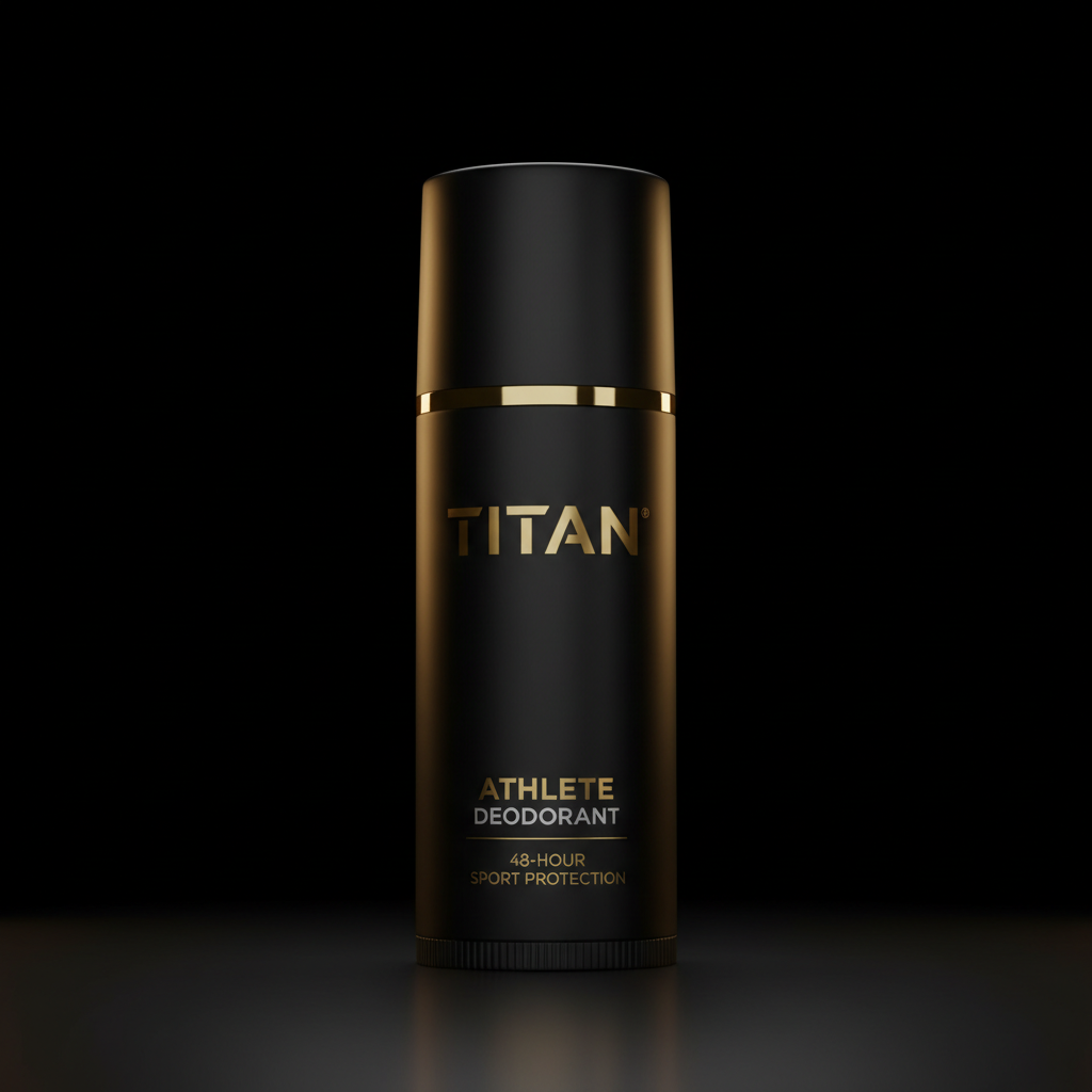 Matte black Titan Athlete deodorant stick with gold branding and "48-hour sport protection" text on a black background.