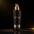 Matte black pump bottle of TITAN Athlete Face Moisturizer with gold accents and water droplets, set against black.