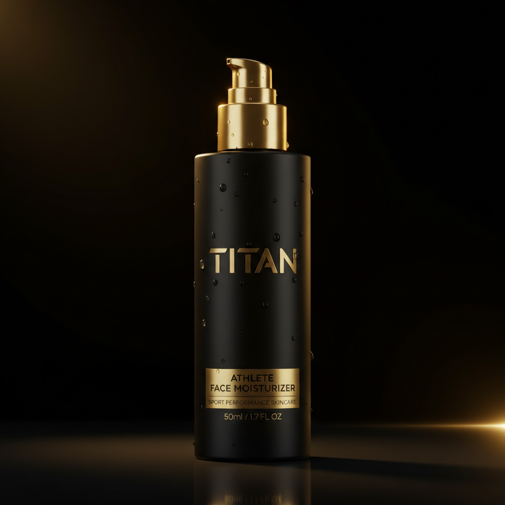 Matte black pump bottle of TITAN Athlete Face Moisturizer with gold accents and water droplets, set against black.