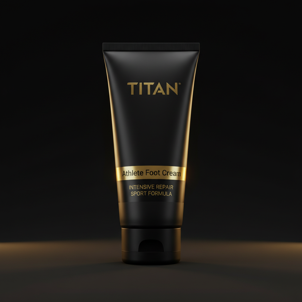 Black squeeze tube of TITAN Athlete Foot Cream with gold text and a gold band against a dark background.