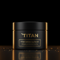 Black jar of TITAN Athlete Lip Scrub with gold logo and text, set against a dark background with gold specks.