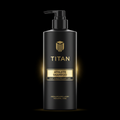 Matte black pump bottle with gold logo and text: TITAN Athlete Shampoo, Sport Scalp and Hair Care, isolated on black.