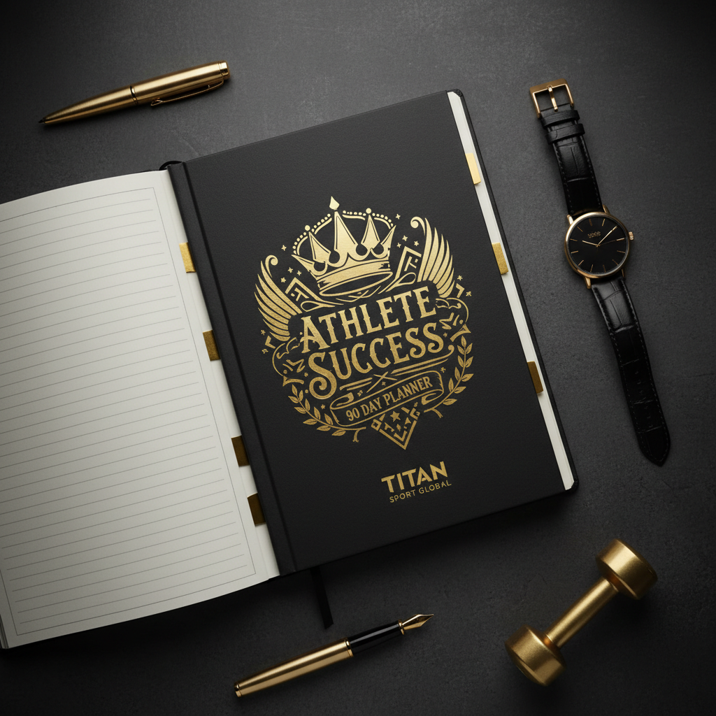 Black Titan 90-day planner with gold crown logo, open to lined pages, beside gold pens, watch, and a mini dumbbell.