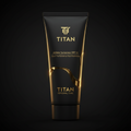 Matte black squeeze tube with gold lettering, logo, and a glossy, flowing gold wave design against a dark background.