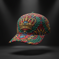 Structured TITAN athletic cap with vibrant, ornate crown, gem, and leaf print in red, green, gold, and blue.