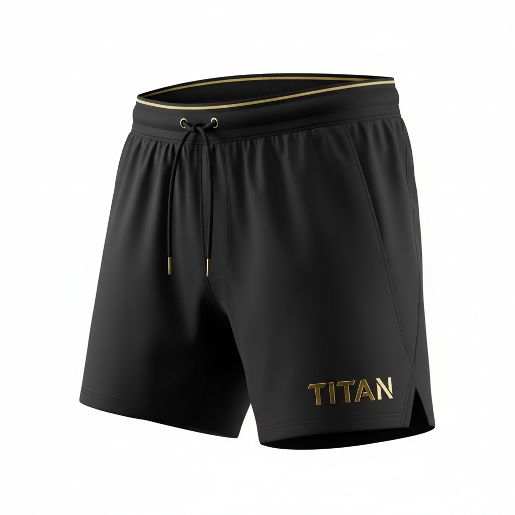 Black TITAN mesh training shorts with gold waistband trim, matching gold-tipped drawstring, and gold logo detail.