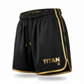 Black basketball shorts with gold trim, drawstring waist, and gold "TITAN" logo with globe icon on the lower leg.