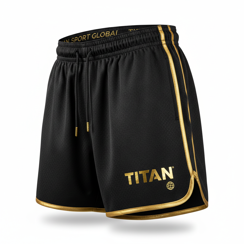 Black basketball shorts with gold trim, drawstring waist, and gold "TITAN" logo with globe icon on the lower leg.