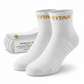 Three-pack of white ankle athletic socks featuring gold "TITAN" branding and ribbed compression arch support.