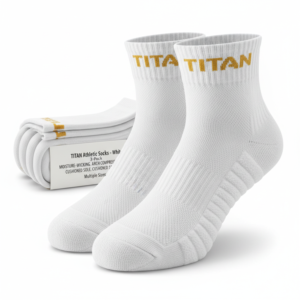 Three-pack of white ankle athletic socks featuring gold "TITAN" branding and ribbed compression arch support.