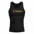 Black Titan performance tank top with ribbed fabric and gold metallic lettering on the chest.