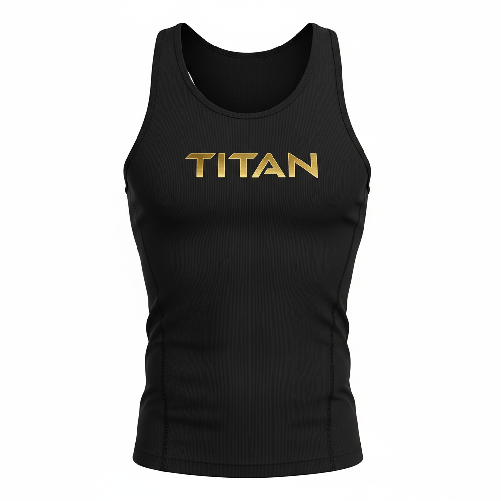 Black Titan performance tank top with ribbed fabric and gold metallic lettering on the chest.