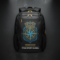 Black Titan 30L backpack with gold zippers, featuring a blue and gold crown-compass logo and "TITAN SPORT GLOBAL" text.