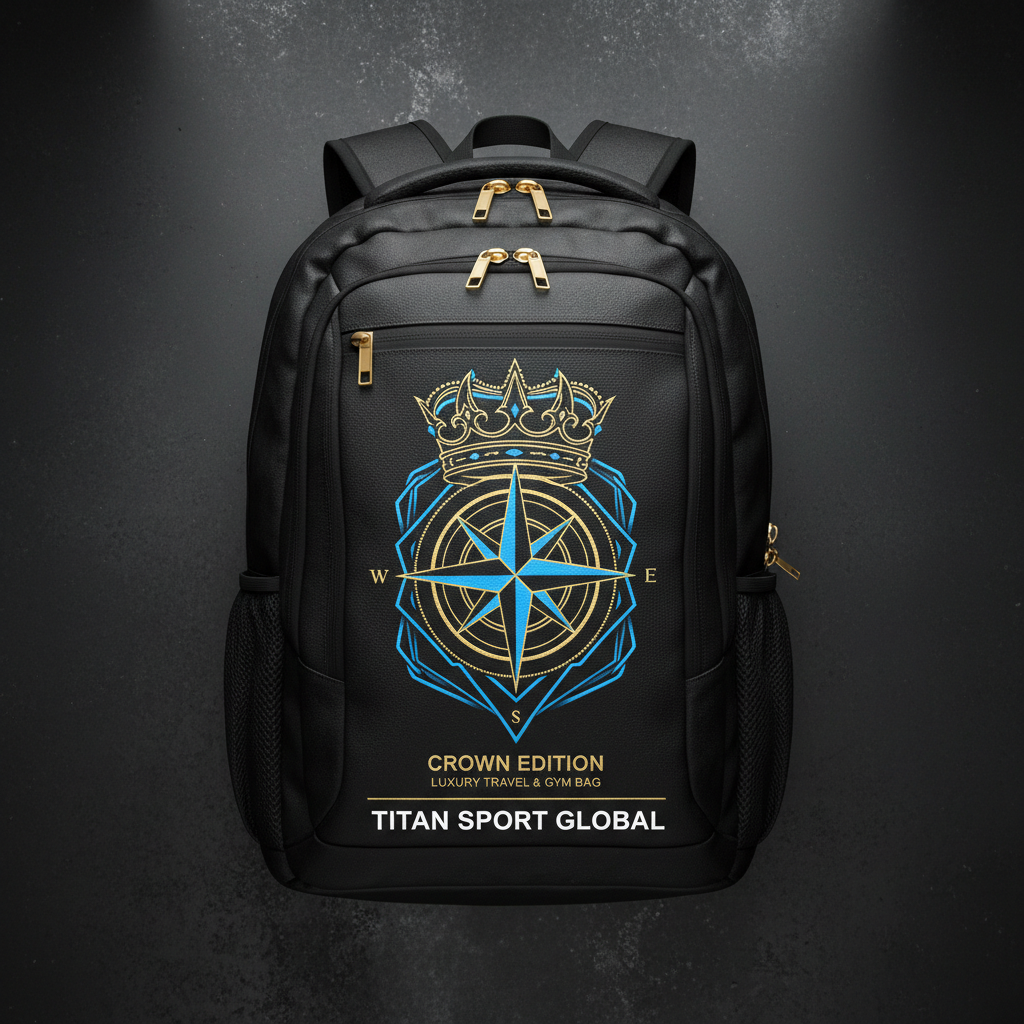 Black Titan 30L backpack with gold zippers, featuring a blue and gold crown-compass logo and "TITAN SPORT GLOBAL" text.