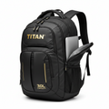 Black 30L TITAN backpack with gold branding, multiple zippered compartments, side laptop sleeve, and mesh pockets.