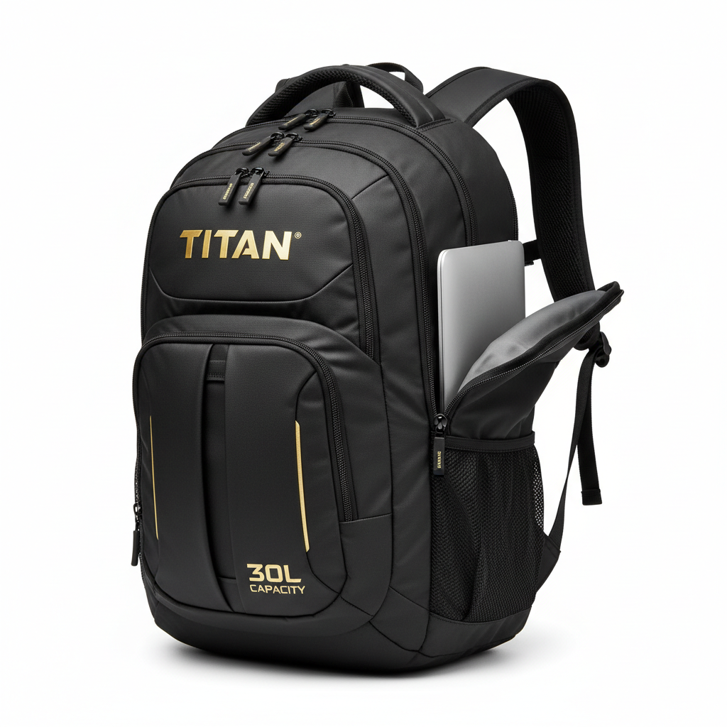 Black 30L TITAN backpack with gold branding, multiple zippered compartments, side laptop sleeve, and mesh pockets.