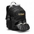 Black 30L TITAN gym backpack with gold logo, side bottle pocket, laptop sleeve, and zippered bottom shoe compartment.