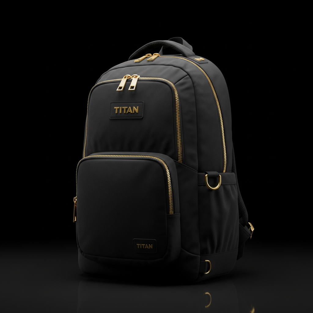 Black TITAN backpack featuring gold-toned zippers, hardware, and embossed TITAN logo patches against a black background.
