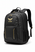 Black Titan athletic backpack featuring a gold logo, zippers, and side accents on a durable, multi-compartment design.