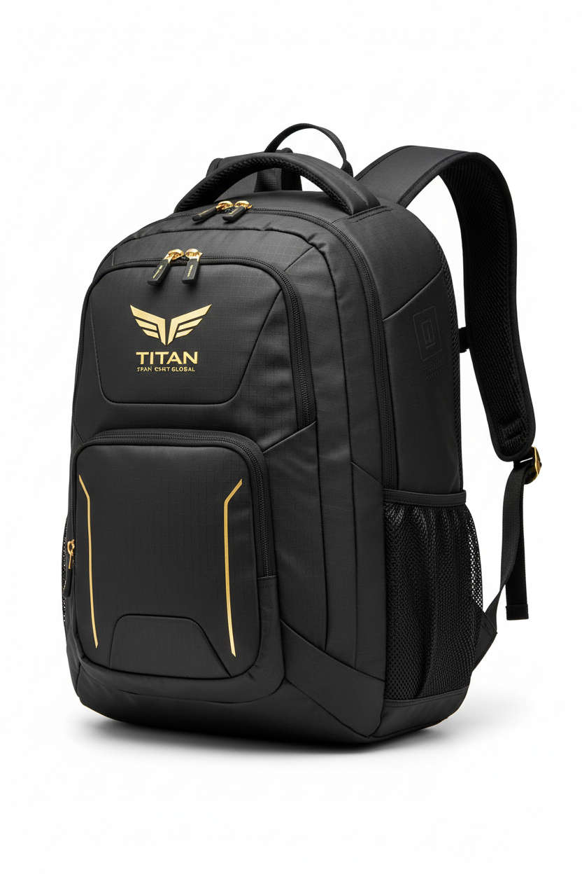Black Titan athletic backpack featuring a gold logo, zippers, and side accents on a durable, multi-compartment design.