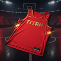 Red mesh basketball jersey featuring gold "TITAN" lettering and trim, set against a blurred basketball court background.