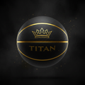 Black textured TITAN basketball with gold crown logo, gold lettering, and metallic gold channels on a dark background.