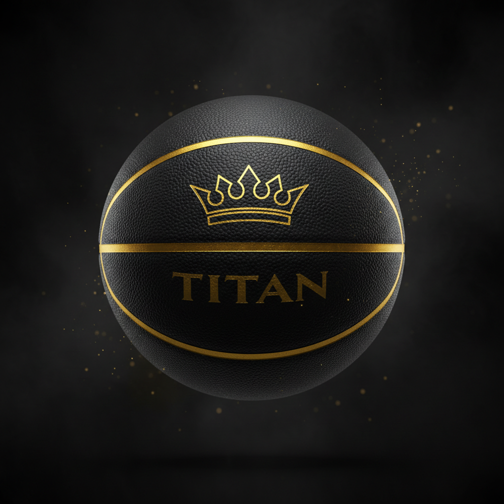 Black textured TITAN basketball with gold crown logo, gold lettering, and metallic gold channels on a dark background.