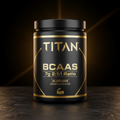 Black tub of TITAN BCAAs with gold text, 7g 2:1:1 ratio, 60 servings, lemon-lime flavor, on a dark textured surface.