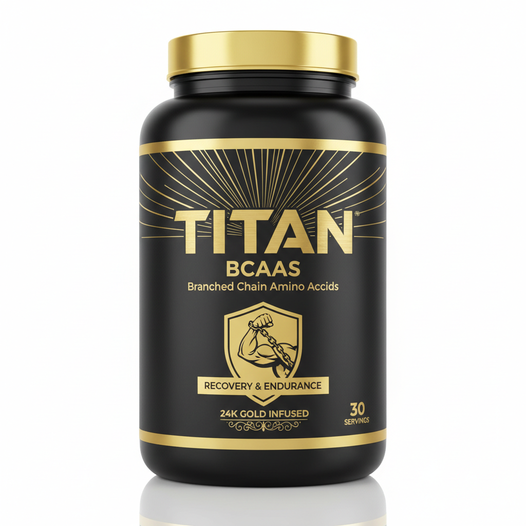 Black tub of Titan BCAAs with gold cap, gold lettering, radiating sun design, and arm-with-chain logo.