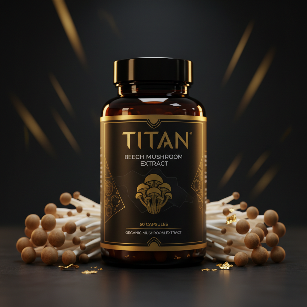 TITAN Beech Mushroom supplement bottle with gold text, black label, and fresh mushrooms on a dark background.