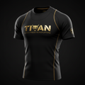 Black compression shirt with gold "TITAN" logo, bull mascot, and gold stitching on a black background.