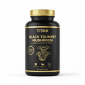 Black supplement bottle with gold lid, "TITAN Black Trumpet Mushroom" label, gold text, and mushroom graphic.