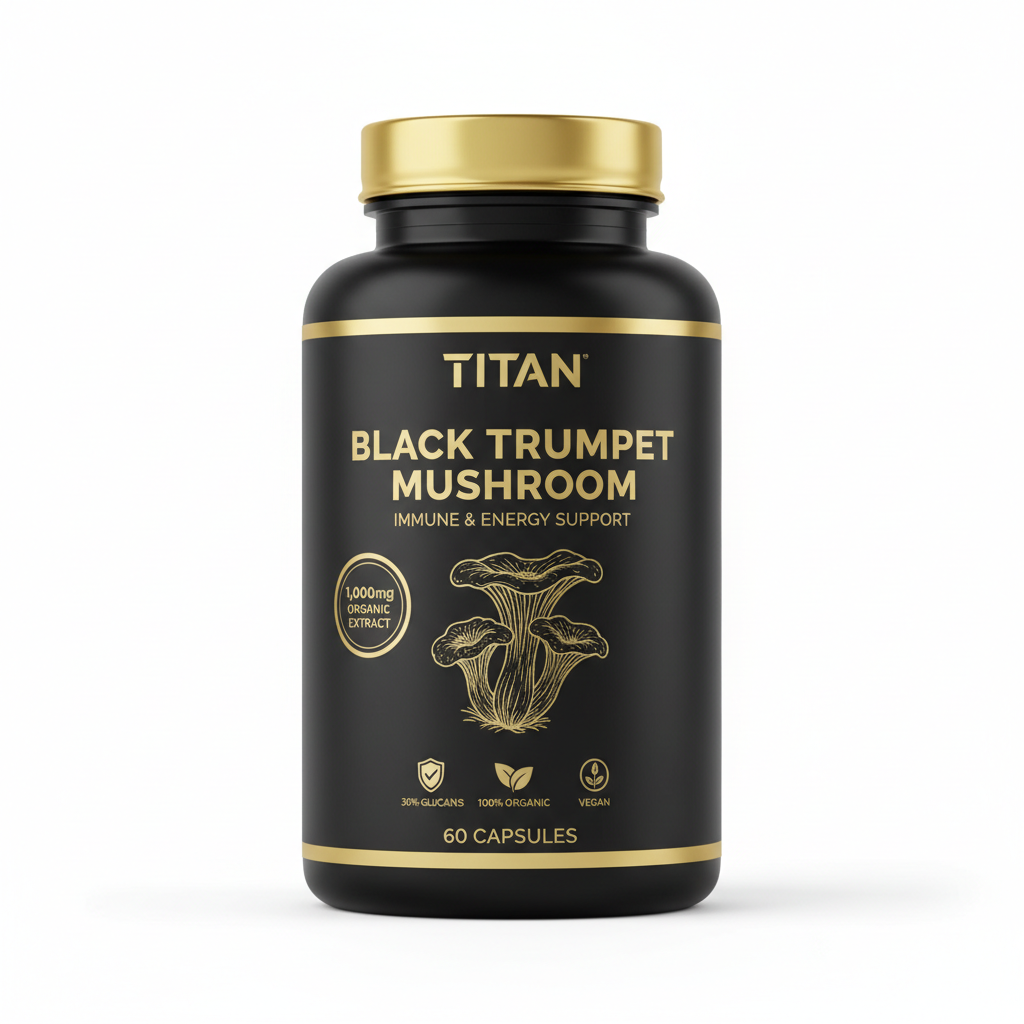 Black supplement bottle with gold lid, "TITAN Black Trumpet Mushroom" label, gold text, and mushroom graphic.