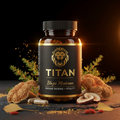 TITAN Blazei Mushroom supplement bottle with gold lion logo, pills, and mushrooms on a black surface.