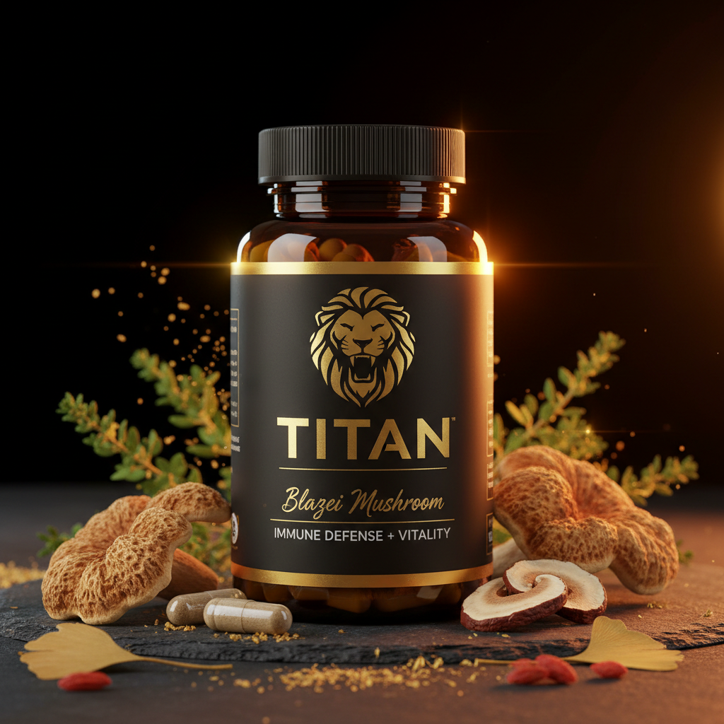 TITAN Blazei Mushroom supplement bottle with gold lion logo, pills, and mushrooms on a black surface.
