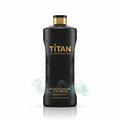 Black Titan 32oz body wash bottle with gold branding, water droplets, and wisps of minty vapor on a white background.