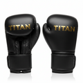 Matte black leather Titan MMA sparring gloves with gold embossed "TITAN" logo and secure hook-and-loop wrist straps.