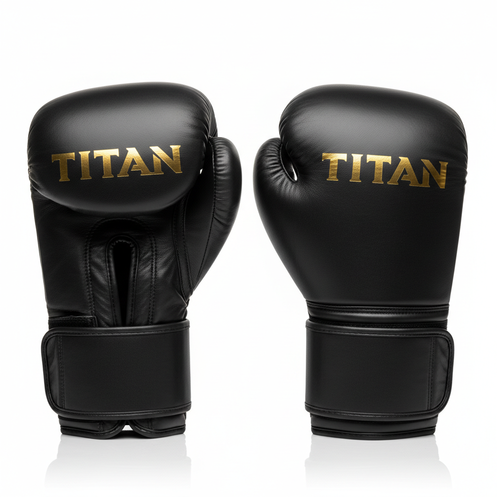 Matte black leather Titan MMA sparring gloves with gold embossed "TITAN" logo and secure hook-and-loop wrist straps.