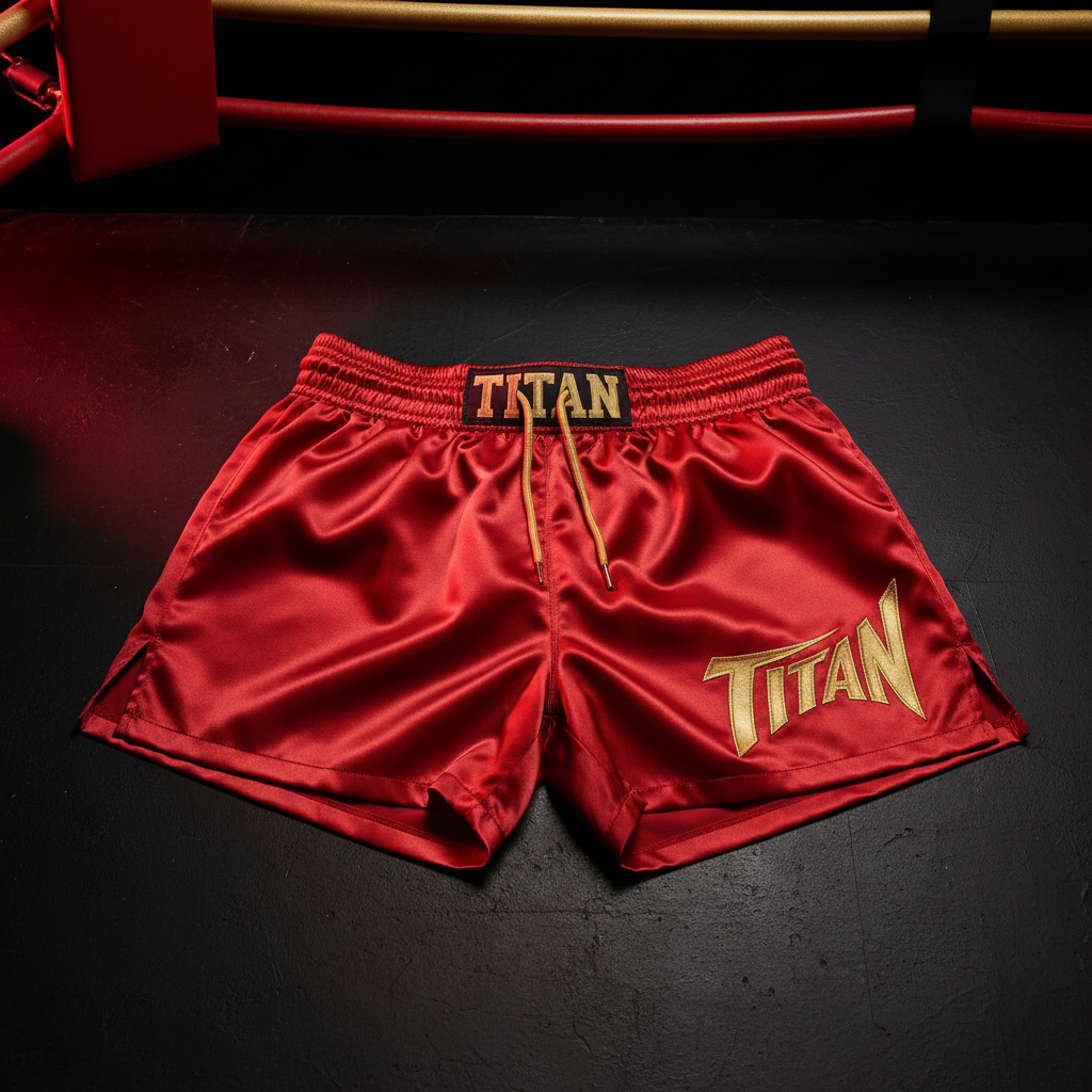 Red satin boxing shorts with gold TITAN embroidery, elastic waistband, and drawstring on a black floor.