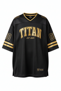 Black and gold TITAN boxy performance football jersey with V-neck, "00" sleeve graphics, and EST. 2024 chest detail.