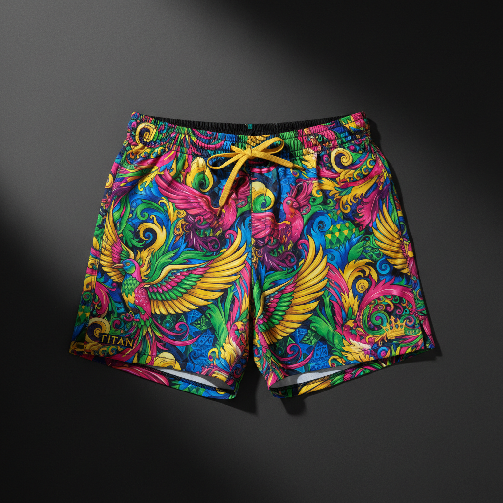 TITAN Crown Edition shorts with vibrant carnival-style print, yellow drawstring, and gold logo on dark grey background.