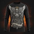 Black long-sleeve tee featuring an eagle-headed knight in armor with crown and "Built From Every Battle" text.